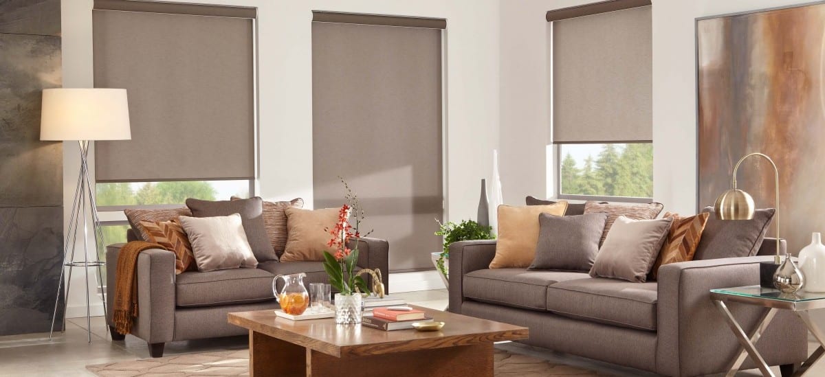 Roller shades filtering in light in a beautiful living room.